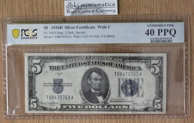 1934D - $5 Silver Certificate - Wide I - Fr 1654 - PCGS - Extremely Fine 40 PPQ - Image 1 of 2