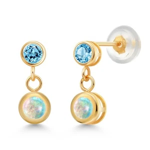 0.80 Ct White Simulated Opal Swiss Blue Topaz 14K Yellow Gold Earrings - Picture 1 of 4