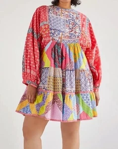 Let me Be Anthropologie Patchwork Tiered Babydoll Boho Quiltcore Mini Dress XS - Picture 1 of 14
