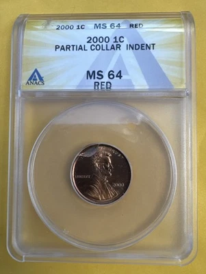 2000 Lincoln Memorial 1c Cent Mint Error Partial Collar Indent ANACS MS64 Red - Image 1 of 4