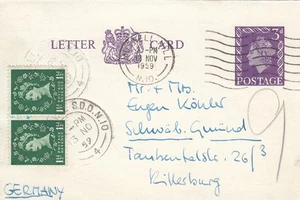 1959 QE11 GB Letter Card to Germany – 3d QEII postage uprated with 1½d Pair - Picture 1 of 3
