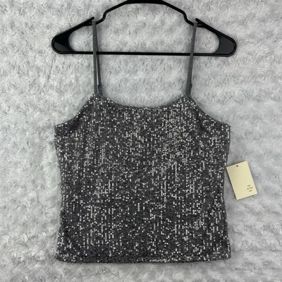 Pie In The Sky Juniors Gray Sequin Spaghetti Strap Crop Tank Top Size Large - Image 1 of 4