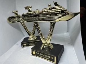 2 VTG MS CELEBRATION Defunct Carnival Gold Plastic Ship on a Stick Cruise Trophy - Picture 1 of 6