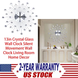 13in Crystal Glass Wall Clock Silent Movement Wall Clock Living Room Home Decor - Picture 1 of 16