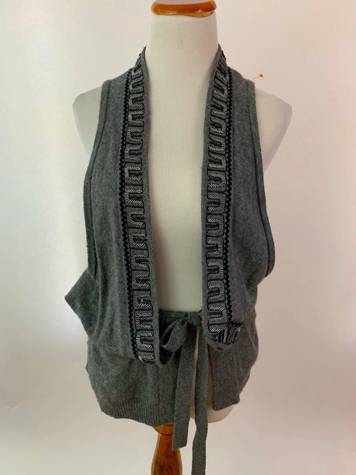 NANETTE LEPORE anthropologie gray beaded long vest drawstring waist S - Image 1 of 4