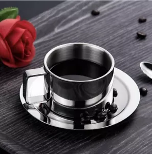 New Stainless Steel Coffee Cup Saucer and Spoon Set - Picture 1 of 7