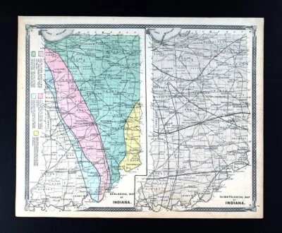 1876 Indiana Geological & Climatological Map Rainfall Climate Zones Geology IN - Image 1 of 4