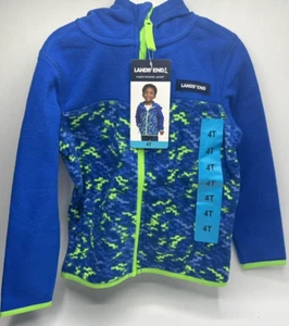Boys Size 4T Lands End Zip-Up Hooded Jacket Sweatshirt Blue / Neon Green Pockets - Picture 1 of 5