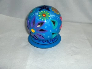 Vintage Festive Hand Painted Blue Ceramic 2 Pc Candle Ball Star Flowers NICE - Picture 1 of 5