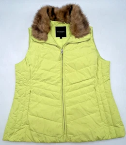 TALBOTS DOWN PUFFER VEST W/ FAUX FUR REMOVABLE COLLAR WOMENS L LIME GREEN - Picture 1 of 10
