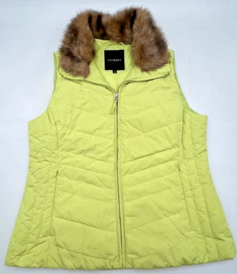 TALBOTS DOWN PUFFER VEST W/ FAUX FUR REMOVABLE COLLAR WOMENS L LIME GREEN - Image 1 of 4