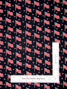 Patriotic USA Flags Navy Blue Cotton Fabric American Wavy Flag Stars By The Yard - Picture 1 of 1