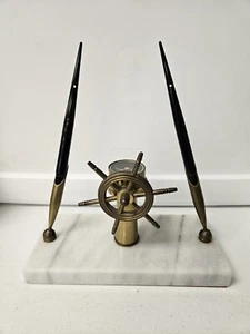Vintage Sheaffer Marble Brass Ships Wheel And Compass W/ 2 Pens - Picture 1 of 8