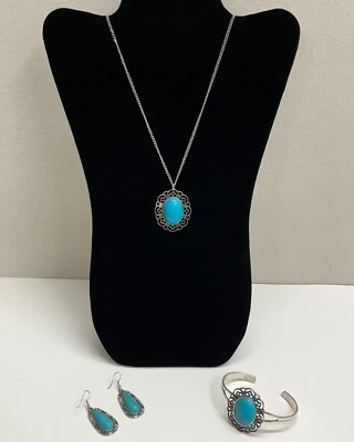 Juego de joyas 3 piezas imitación piedra turquesa pulsera pendientes colgante acero inoxidable Foto 1 de 4