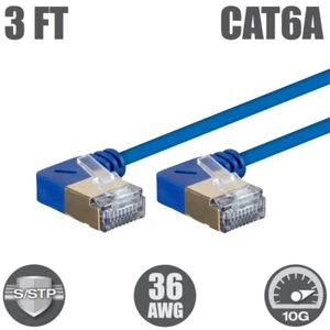 3FT CAT6A RJ45 90 Degree Ethernet LAN Network S/STP Cable Slim 10Gbps 36AWG Blue - Picture 1 of 4