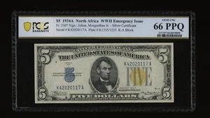 DBR 1934-A $5 North Africa Gem Fr. 2307 KA Block PCGS-B 66 PPQ Serial K42020117A - Picture 1 of 2