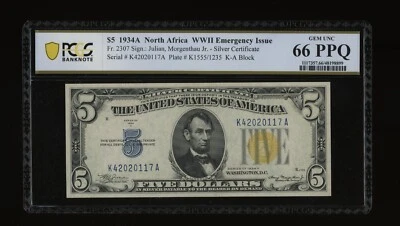DBR 1934-A $5 North Africa Gem Fr. 2307 KA Block PCGS-B 66 PPQ Serial K42020117A - Image 1 of 2