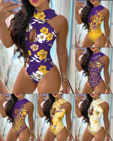 Minnesota Vikings One Piece Cutout Swimsuit Criss Cross Halter Sexy Bathing Suit Cover