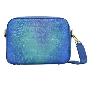 Women's Original Hand-Painted Leather Twin Top Messenger, Croco Embossed Peacock - Picture 1 of 8