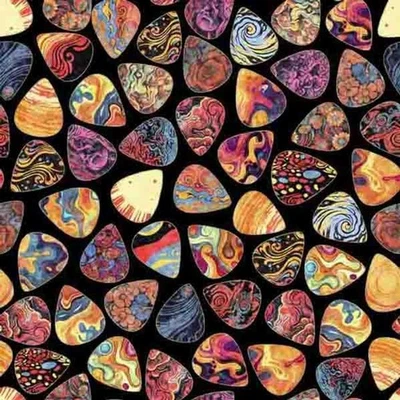 QT FABRICS Rock n Roll Fantasy Guitars Picks Black Cotton Fabric