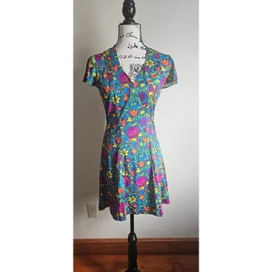 Vintage 1970's Paula Jaq'lyn Wrap Dress Sz S Teal Blue, Pink, Orange, Yellow... - Picture 1 of 6