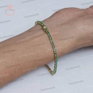 Solid 14k Yellow Gold Natural Emerald Gemstone Bracelet Handmade Women's Jewelry - Picture 1 of 6