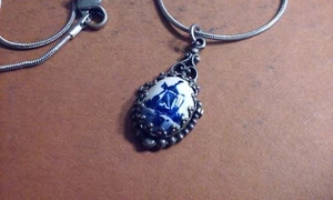 Vintage Blue & White Holland Windmill Pendant Silver-Tone Setting on Chain = 16" - Picture 1 of 6