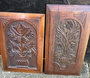 Antique pair of Carved floral furniture panels plaques architectural Edwardian - Picture 1 of 14