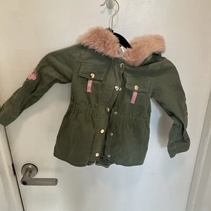 Little Lass Green Faux Fur Trim Hood Jacket Size 5 Girls - Picture 1 of 5