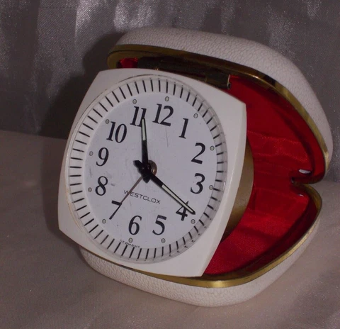 Round Face Westclox Wind Up Travel Alarm Clock Pocket Folding, White, Red Lining Cover