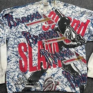 Vintage Atlanta Braves Sweatshirt XL 1991 Grand Slam 90s All Over STAINED - Picture 1 of 16