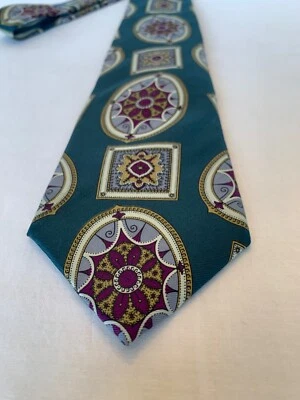 CHRISTIAN DIOR MONSIEUR 100% Silk Neck Tie Green Geometric Crest Floral Mandala - Image 1 of 4