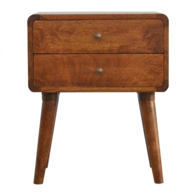 2 Drawer Curved Bedside Table Solid Dark Mango Wood Scandi Handmade Furniture - Image 1 of 4