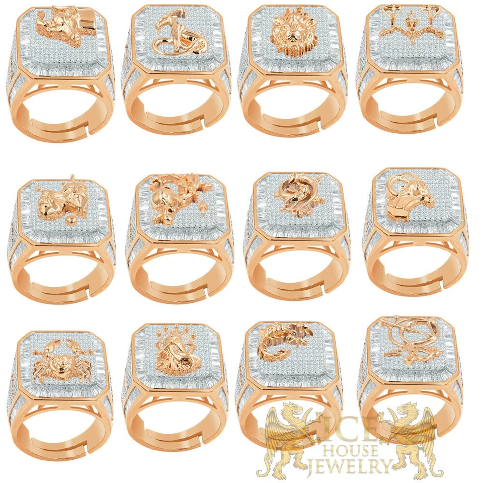 Zodiac Sign Astrology 18K  Rose Gold Finish Men's Baguette Simulate Diamond Ring - Image 1 of 1