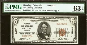 1929 $5 GREELEY UNION NATIONAL BANKNOTE CURRENCY COLORADO PMG CU 63 EPQ - Picture 1 of 2