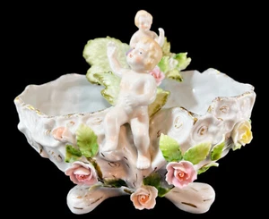 Antique Germany Sitzendorf Porcelain Centerpiece Bowl Putti Cabbage Leaves Roses - Picture 1 of 12