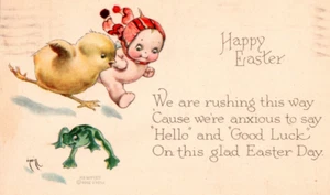 VTG Rose O'Neill Artist Signed Kewpie Doll Easter Postcard Kewpies Chick & Frog - Picture 1 of 6