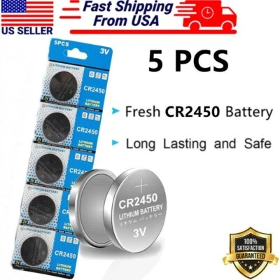 5 Pack CR2450 Lithium Battery Long-Lasting & High Capacity 3 Volt Coin & Button - Image 1 of 3