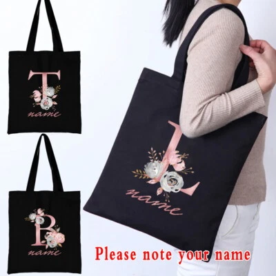 Personalised Custom Names Shopping Bag Shoulder Tote Bags Black Travel HandleBag