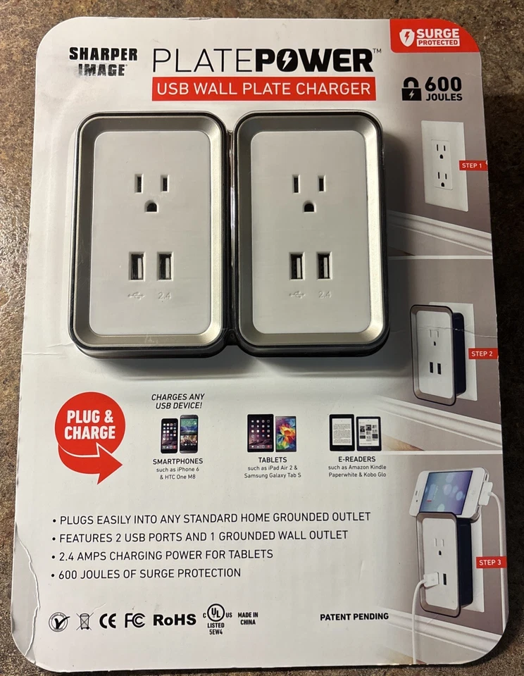 Sharper Image Wall Plate With Surge Protection and 2 USB Ports