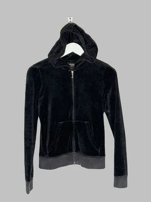 DE COLECCIÓN Juicy Couture Negro Terciopelo Chaqueta con Capucha Plata Lentejuelas Logo Y2K Foto 1 de 4