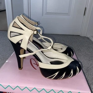 Pin Up Couture black/cream t-bar court stiletto shoes Size UK 8 EU 41 new in box - Picture 1 of 16