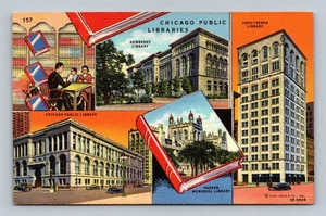 Vintage Chicago Public Libraries Leinen Postkarte Curt Teich 1930er - Bild 1 von 2