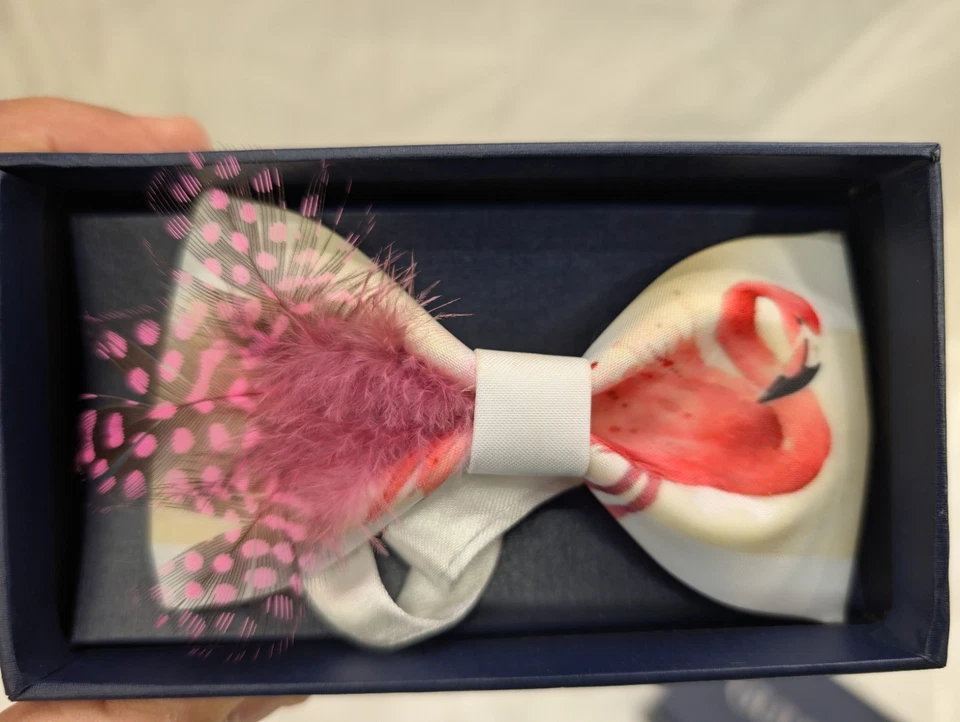 Pajarita de plumas hecha a mano para hombre satinado seda preatada lazo liso blanco - flamenco Foto 1 de 4