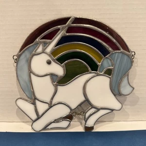 Vintage Einhorn Regenbogen Buntglas Sonnenfänger Blumen 7x7 Zoll - Bild 1 von 3
