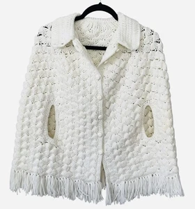 Vintage Hand Knit Crochet Cape Collared Button Front Shawl Poncho Cottagecore - Picture 1 of 7