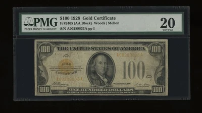 Certificado de oro DBR 1928 $100 Fr. 2405 PMG VF-20 serie # A00289833A Foto 1 de 2