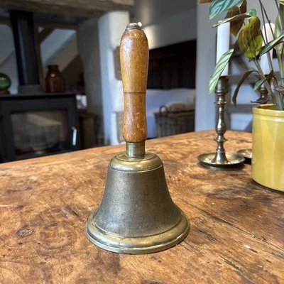 Large Brass Bell With Wooden Handle School Yard Vintage Church Heavy & Well Made - Image 1 of 4