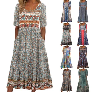 Women's Short Sleeve Boho Midi Dress Loose Summer Floral Swing Dresses PLUS SIZE - Picture 1 of 16