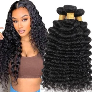 10A Deep Wave Human Hair Bundles Remy Virgin Hair Extension Weft Deep Curly Hair - Picture 1 of 9